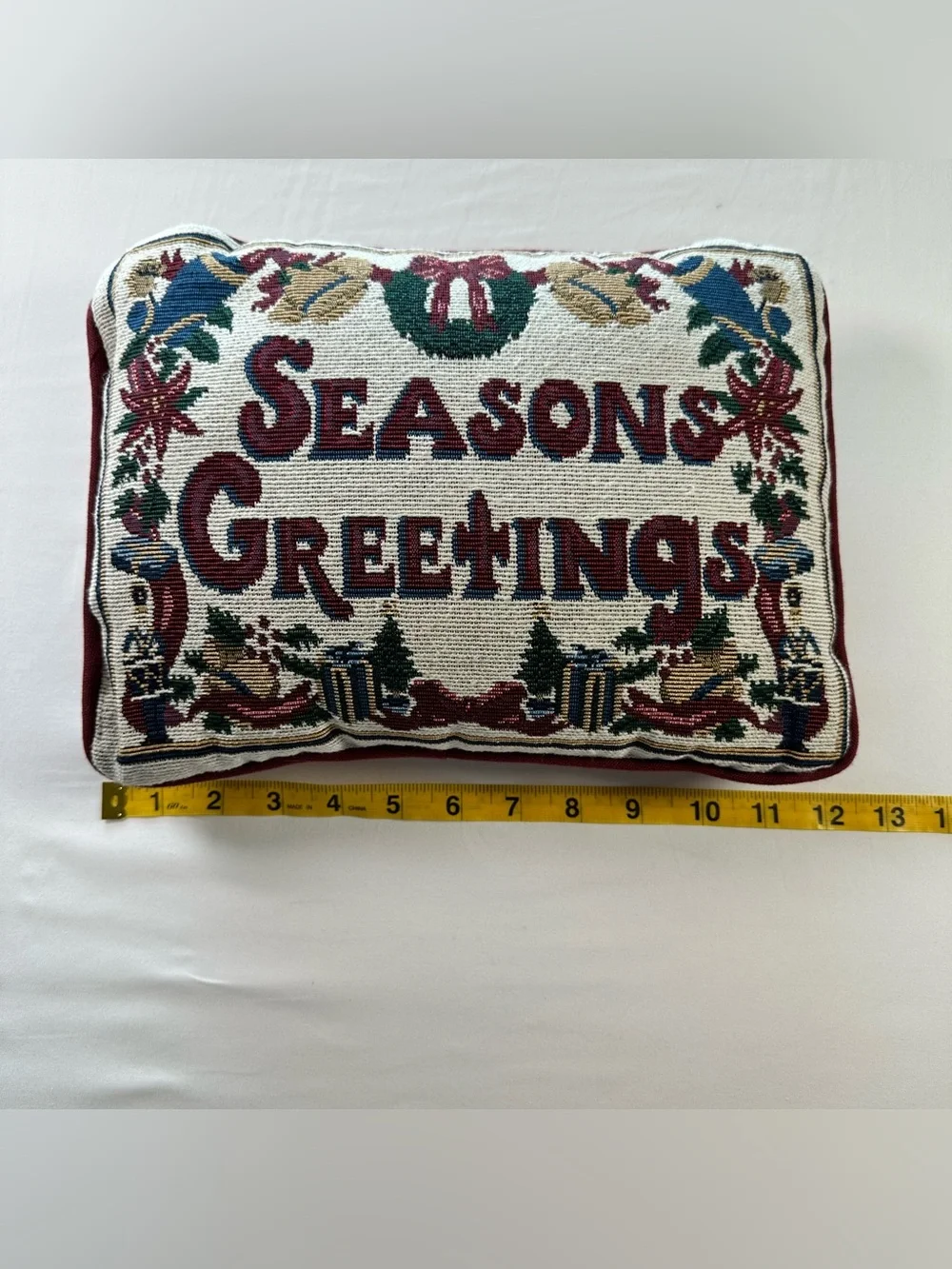 Vintage Christmas Needlepoint Tapestry Pillow Seasons Greetings Holiday 12x9